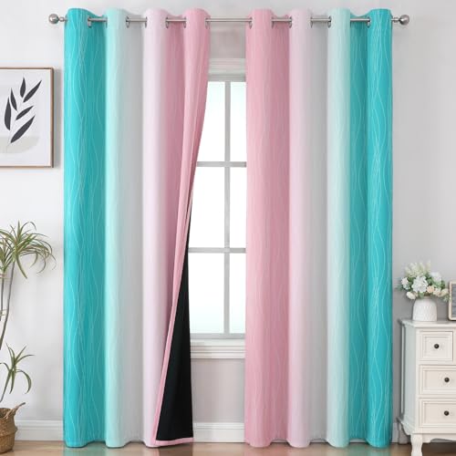 Estelar Textiler Pink and Teal Gradient Blackout Curtains for Bedroom, Thermal Insulated Ombre Drapes 84 Inches Long, Full Room Darkening Energy Saving Curtains for Living Room, 52Wx84L, 2 Panels - Image 1