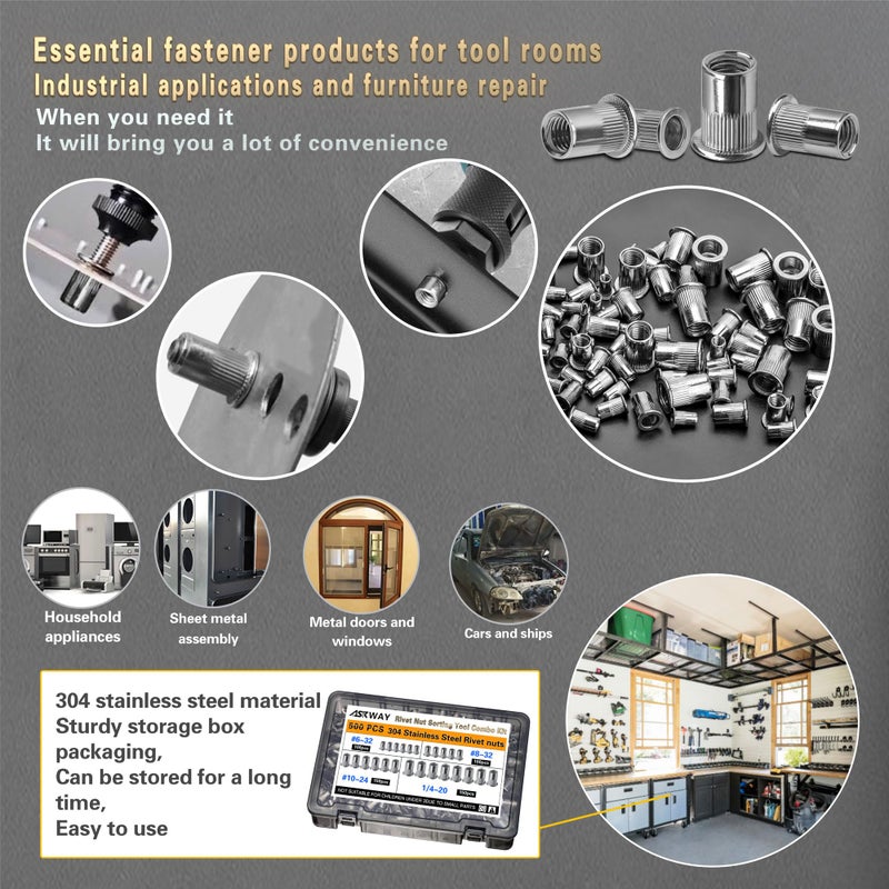 AskWay Stainless Steel Imperial Rivet Nut Tool Kit 500pcs, SAE Rivet Nut Combination ï¼ˆ1/4-20ã€10-24ã€8-32ã€6-32ï¼‰, Suitable for Automotive Industrial Applications (ASE Stainless Steel 500pcs) - Image 4