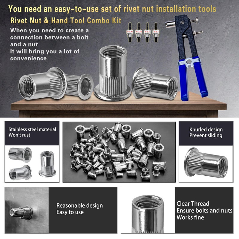 AskWay Stainless Steel Imperial Rivet Nut Tool Kit 500pcs, SAE Rivet Nut Combination ï¼ˆ1/4-20ã€10-24ã€8-32ã€6-32ï¼‰, Suitable for Automotive Industrial Applications (ASE Stainless Steel 500pcs) - Image 3