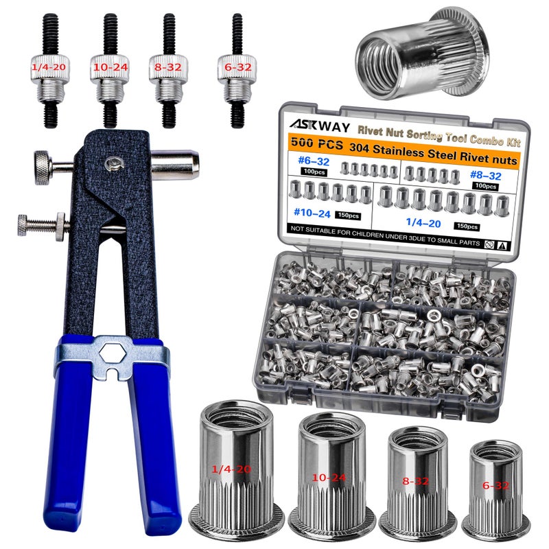 AskWay Stainless Steel Imperial Rivet Nut Tool Kit 500pcs, SAE Rivet Nut Combination ï¼ˆ1/4-20ã€10-24ã€8-32ã€6-32ï¼‰, Suitable for Automotive Industrial Applications (ASE Stainless Steel 500pcs) - Image 1