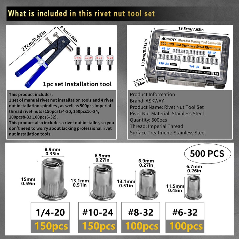 AskWay Stainless Steel Imperial Rivet Nut Tool Kit 500pcs, SAE Rivet Nut Combination ï¼ˆ1/4-20ã€10-24ã€8-32ã€6-32ï¼‰, Suitable for Automotive Industrial Applications (ASE Stainless Steel 500pcs) - Image 2