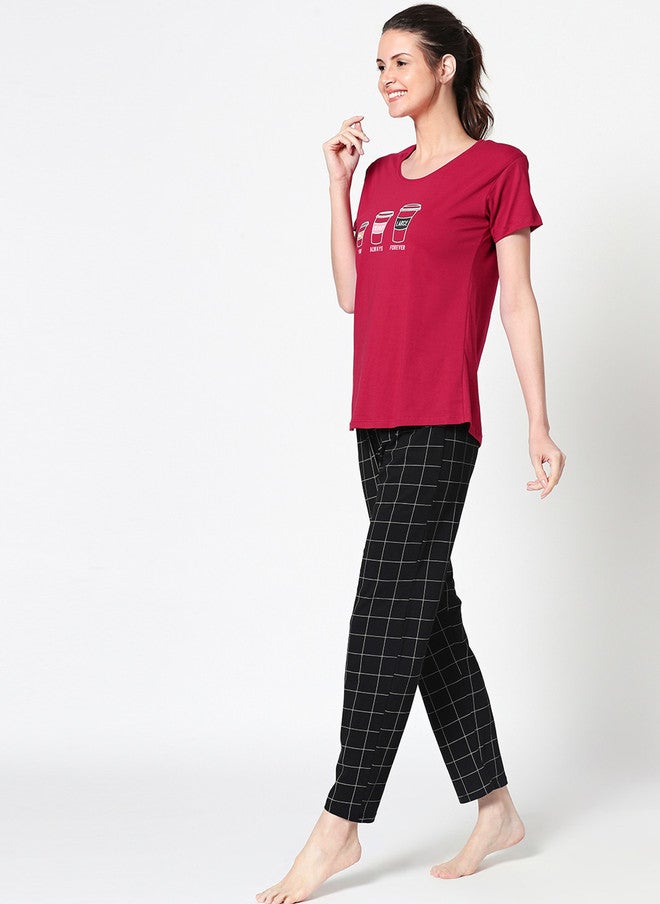 Zeyo Women Red & Black Printed Night Suit Set - Image 4