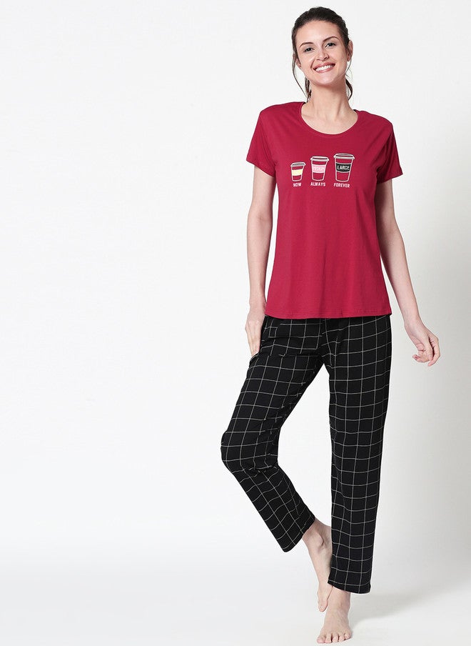 Zeyo Women Red & Black Printed Night Suit Set - Image 2