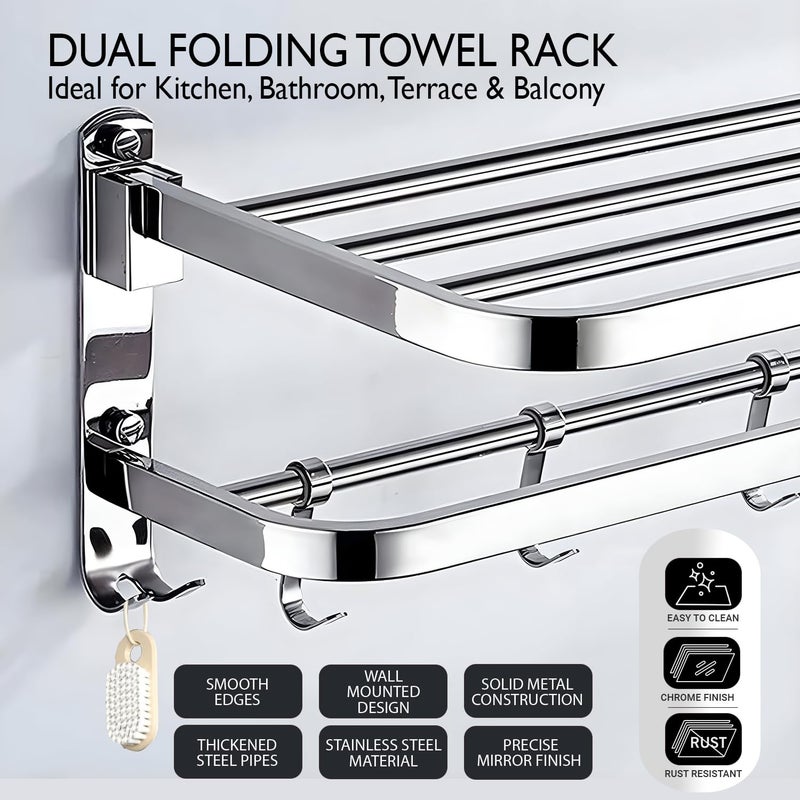 Zureni Zureni Stainless Steel Towel Rack Double Rod Folding Wall Mounted Napkin Holder Multipurpose Hanger Shelf Bathroom Accessories and Fittings for Kitchen Washroom Wash Basin (Pack of 1)  - Image 4
