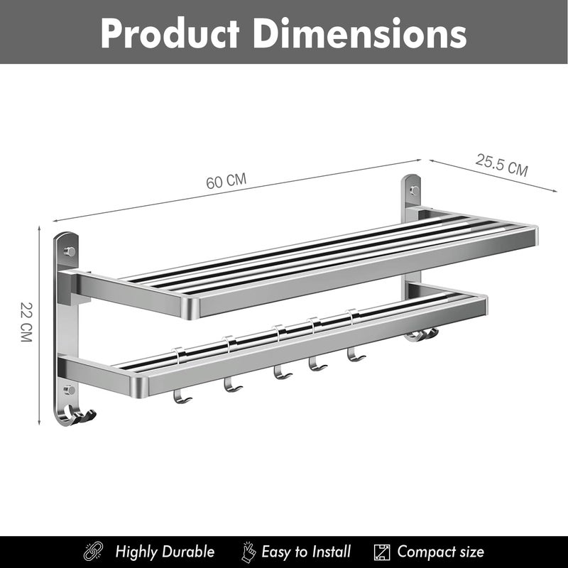 Zureni Zureni Stainless Steel Towel Rack Double Rod Folding Wall Mounted Napkin Holder Multipurpose Hanger Shelf Bathroom Accessories and Fittings for Kitchen Washroom Wash Basin (Pack of 1)  - Image 2