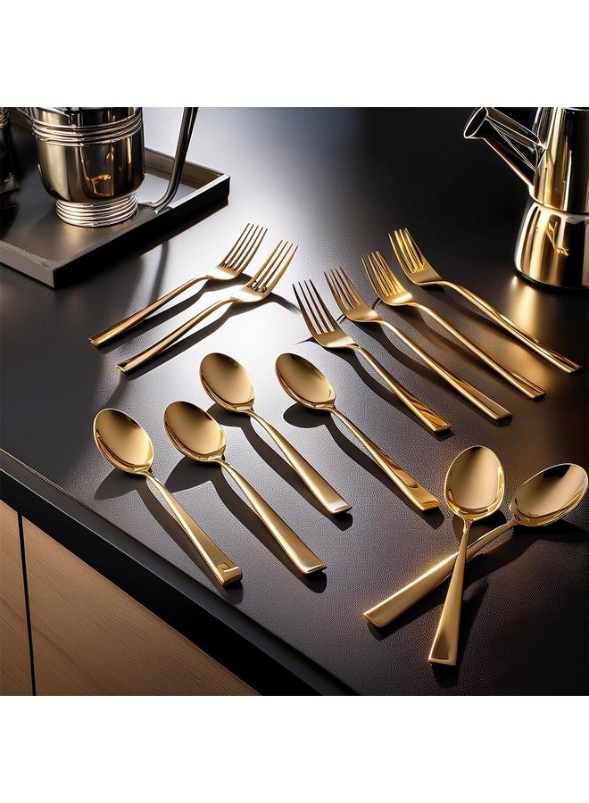 FrenchWare أدوات المائدة الفرنسية (مجموعة من 12، ملاعق من الفولاذ المقاوم للصدأ PVD ذهبية - 6 وشوك - 6)، 100% درجة غذائية، غير سامة، مقاومة للصدأ، آمنة في غسالة الصحون، مجموعة هدايا مثالية لجميع المناسبات - Image 1