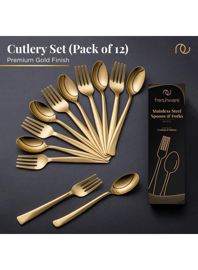 FrenchWare أدوات المائدة الفرنسية (مجموعة من 12، ملاعق من الفولاذ المقاوم للصدأ PVD ذهبية - 6 وشوك - 6)، 100% درجة غذائية، غير سامة، مقاومة للصدأ، آمنة في غسالة الصحون، مجموعة هدايا مثالية لجميع المناسبات - Image 2