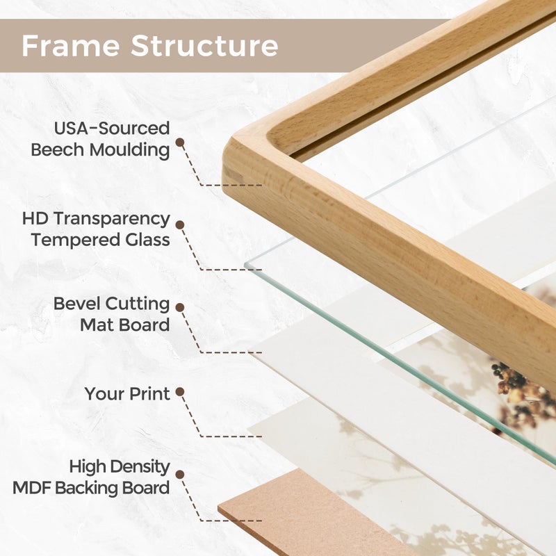 FLYJOE 11x14 Picture Frame, USA-Sourced Natural Beech Wood Photo Frame with Tempered Glass, Handcrafted Rounded Corner 11 x 14 Wooden Frame Matted to 8x10 Photos, Hanging Hooks Included - Image 4