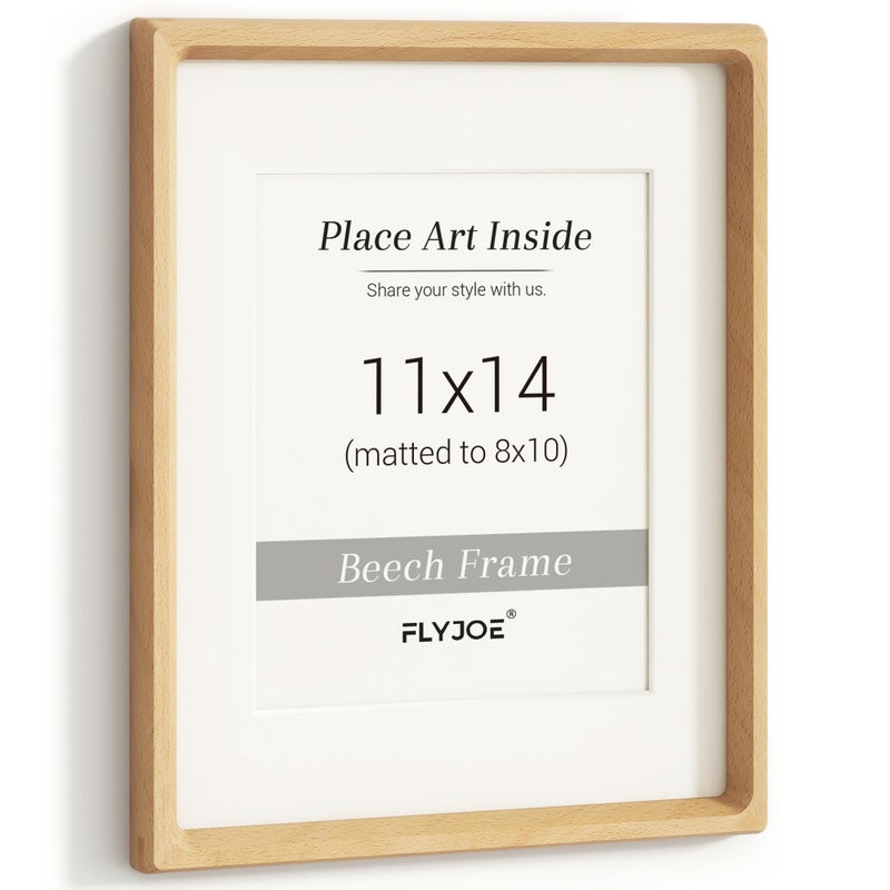 FLYJOE 11x14 Picture Frame, USA-Sourced Natural Beech Wood Photo Frame with Tempered Glass, Handcrafted Rounded Corner 11 x 14 Wooden Frame Matted to 8x10 Photos, Hanging Hooks Included - Image 1
