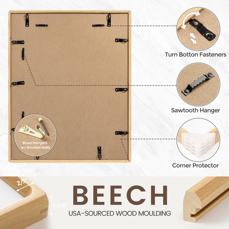 FLYJOE 11x14 Picture Frame, USA-Sourced Natural Beech Wood Photo Frame with Tempered Glass, Handcrafted Rounded Corner 11 x 14 Wooden Frame Matted to 8x10 Photos, Hanging Hooks Included - Image 5