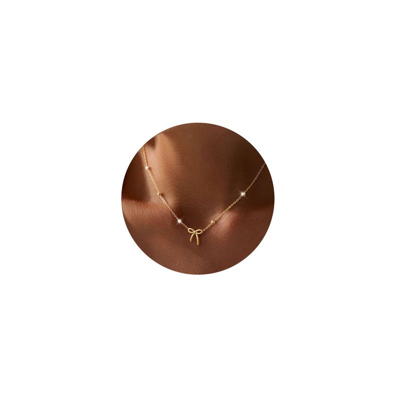 Yoosteel Easter Gifts for Kids Teen Girls Easter Basket Stuffers - Bow Necklaces Dainty 14K-Gold-Plate Bow Choker Necklaces Simple Small Pendant Necklaces for Teenage Girl Women Trendy Gift Jewelry - Image 1