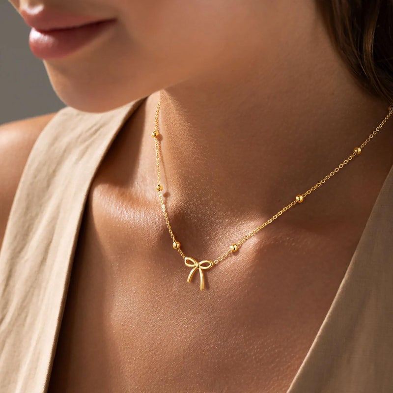 Yoosteel Easter Gifts for Kids Teen Girls Easter Basket Stuffers - Bow Necklaces Dainty 14K-Gold-Plate Bow Choker Necklaces Simple Small Pendant Necklaces for Teenage Girl Women Trendy Gift Jewelry - Image 2