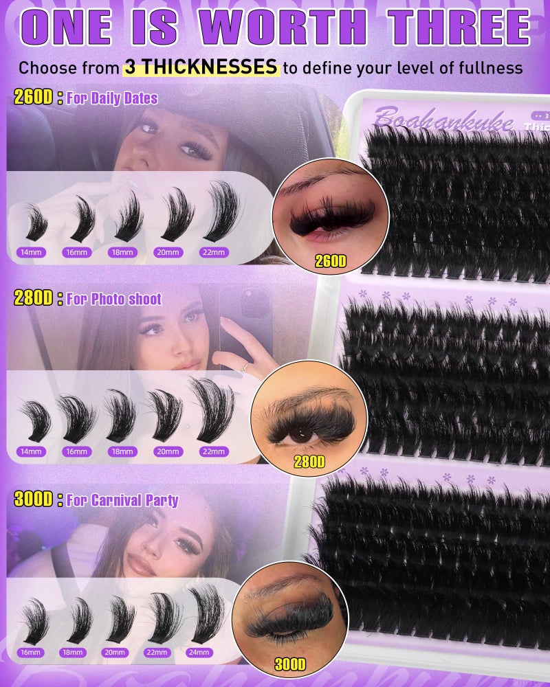 Boahankuke Fluffy Lash Clusters 260D+280D+300D Volume Eyelash Clusters Extensions D Curly Lashes Clusters 14-24MM Mink Cluster Lashes Spike Individual Lashes Full Lash Extension Mink Cluster Eyelash - Image 2
