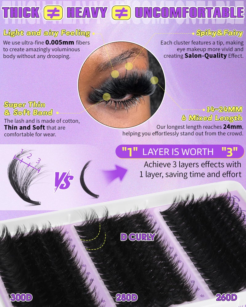 Boahankuke Fluffy Lash Clusters 260D+280D+300D Volume Eyelash Clusters Extensions D Curly Lashes Clusters 14-24MM Mink Cluster Lashes Spike Individual Lashes Full Lash Extension Mink Cluster Eyelash - Image 3
