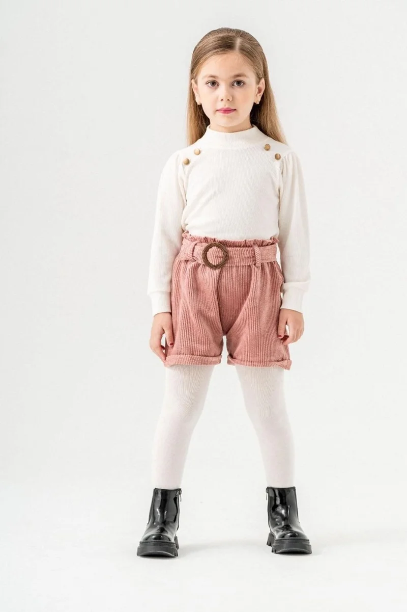مينيمن جيجيليري My Little Ones Button Detailed Velvet Shorts Girl 3-Piece Set - Pink