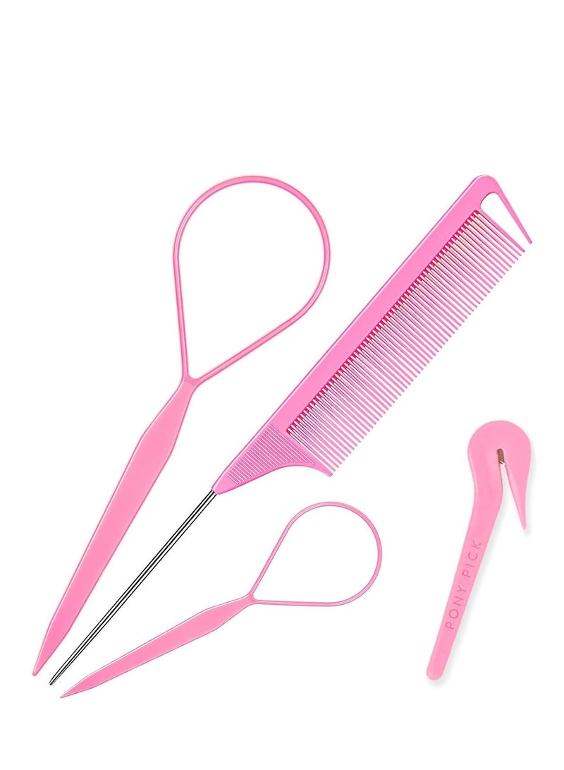Premify 4 Pcs Topsy Tail Tool Kit, Hair Styling Loop Ponytail Maker Accessories French Braid Hair Rubber Bands Remover Cutter for Girls and Women,Pink - Image 1