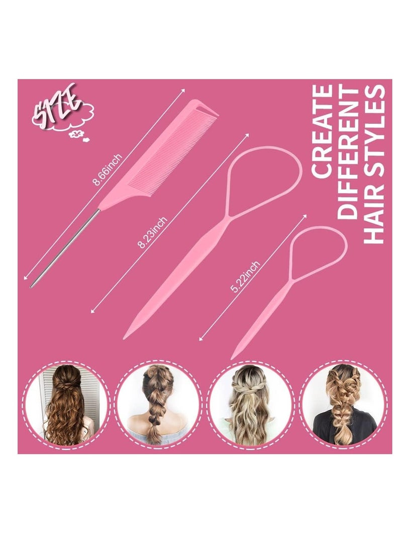 Premify 4 Pcs Topsy Tail Tool Kit, Hair Styling Loop Ponytail Maker Accessories French Braid Hair Rubber Bands Remover Cutter for Girls and Women,Pink - Image 2
