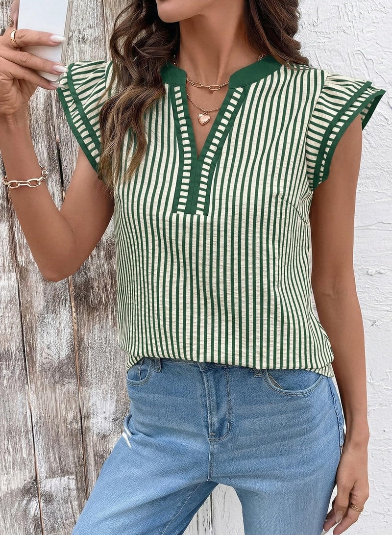 Dokotoo Spring Tops for Women Blouses Dressy Casual Cute V Neck Ruffle Sleeve Striped Shirts Loose Cap Short Sleeve Fashion Womens Boho Summer Tops School Outfits Women's Clothing Green X-Large - Image 3
