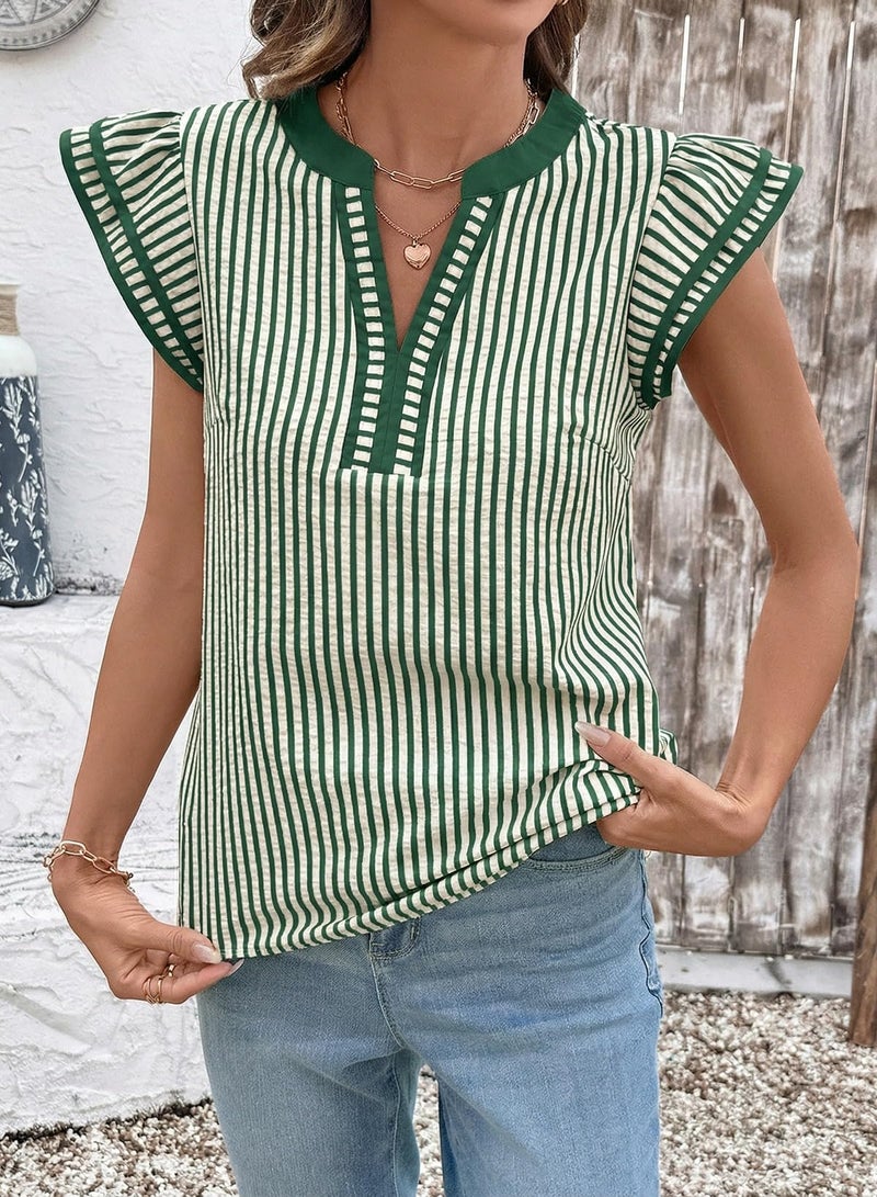 Dokotoo Spring Tops for Women Blouses Dressy Casual Cute V Neck Ruffle Sleeve Striped Shirts Loose Cap Short Sleeve Fashion Womens Boho Summer Tops School Outfits Women's Clothing Green X-Large - Image 4