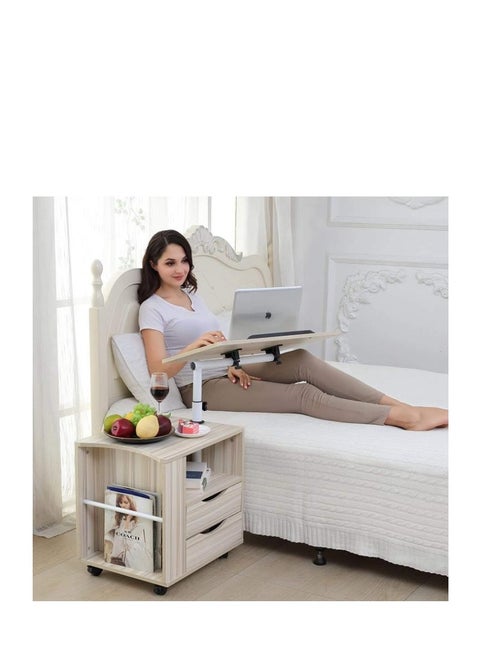 Laptop Table, Rolling Bedside Computer Desk Cart Stand Mobile Workstation, Multifunctional Height Adjustable Overbed End Table Wooden Nightstand with Swivel Top for Bed, Sofa (White Maple)
