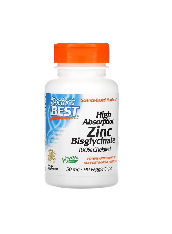 دكتورز بست High Absorption Zinc Bisglycinate 100% Chelated 50 mg 90 Veggie Caps - Image 1