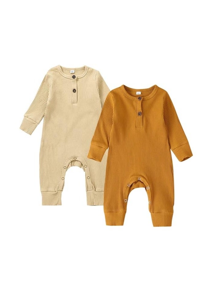 Baby Boy Girl 2 Pack Solid Romper Ribbed Short/Long Sleeve Bodysuit Jumpsuit Infant Knitted Outfits Clothes  - Image 1