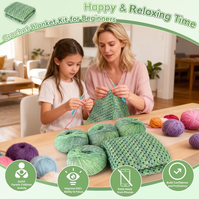 Aeelike Blanket Crochet Kit for Beginners, Super Easy Crochet Blanket Kit with Soft & Colorful Gradient Yarns Detailed Video Tutorials Crocheting Accessories, Moss Green Gradient & Ideal Gift - Image 2