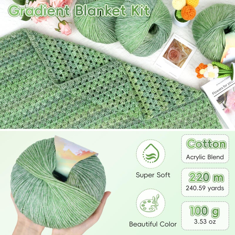 Aeelike Blanket Crochet Kit for Beginners, Super Easy Crochet Blanket Kit with Soft & Colorful Gradient Yarns Detailed Video Tutorials Crocheting Accessories, Moss Green Gradient & Ideal Gift - Image 3