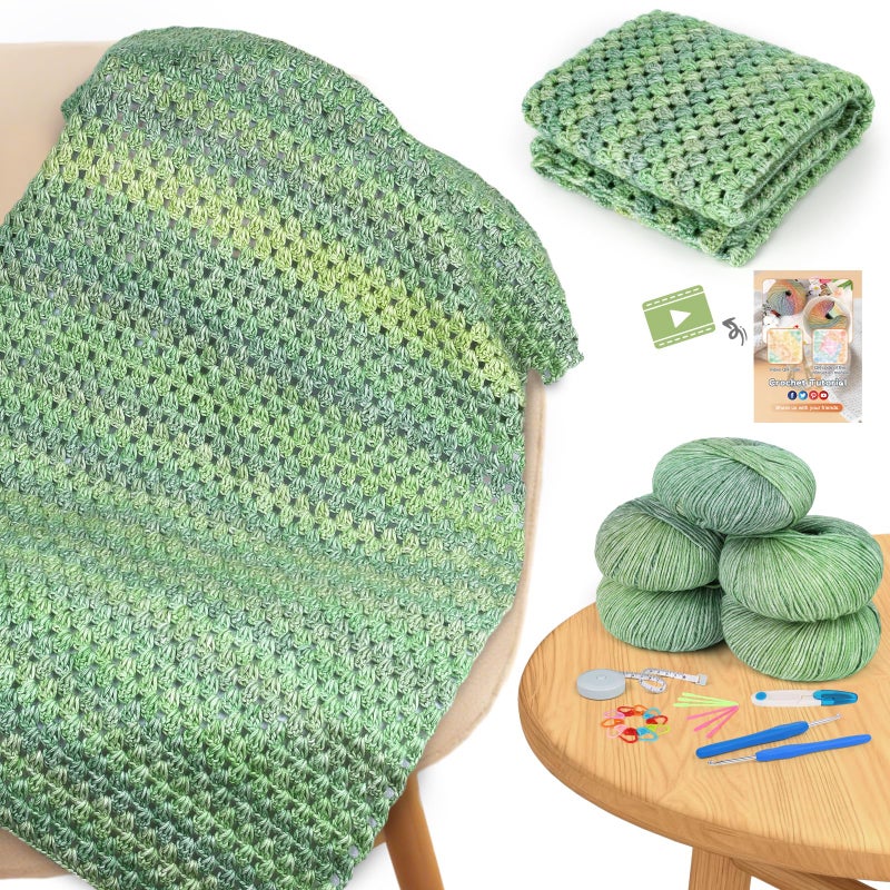 Aeelike Blanket Crochet Kit for Beginners, Super Easy Crochet Blanket Kit with Soft & Colorful Gradient Yarns Detailed Video Tutorials Crocheting Accessories, Moss Green Gradient & Ideal Gift - Image 1