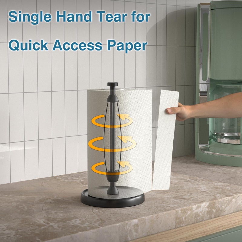 Swaitee Paper Towel Holder Countertop, One-Handed Tear, Stainless Steel, Weighted Base, Black, Paper Towel Roll Holder Stand with Ratchet Mechanism for Kitchen Bathroom Farmhouse Essentials Decor Accessories - Image 3