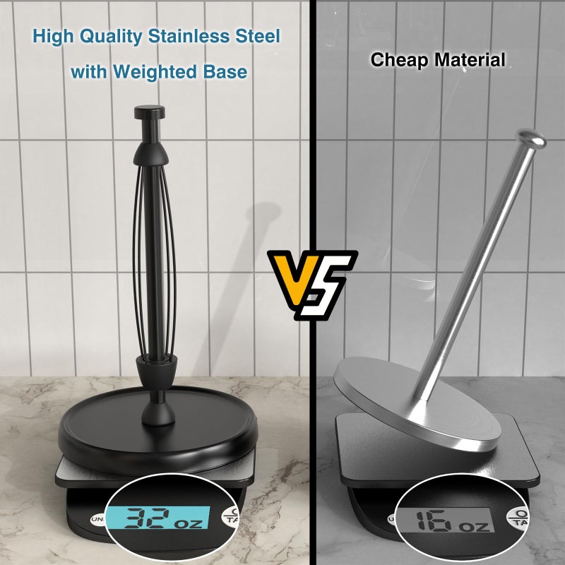 Swaitee Paper Towel Holder Countertop, One-Handed Tear, Stainless Steel, Weighted Base, Black, Paper Towel Roll Holder Stand with Ratchet Mechanism for Kitchen Bathroom Farmhouse Essentials Decor Accessories - Image 5