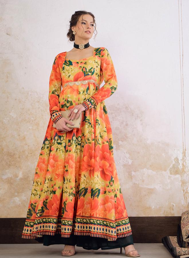 SASSAFRAS Yellow Floral Poly Muslin Anarkali Kurta - Image 1