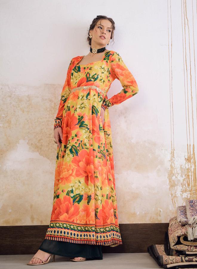SASSAFRAS Yellow Floral Poly Muslin Anarkali Kurta - Image 3