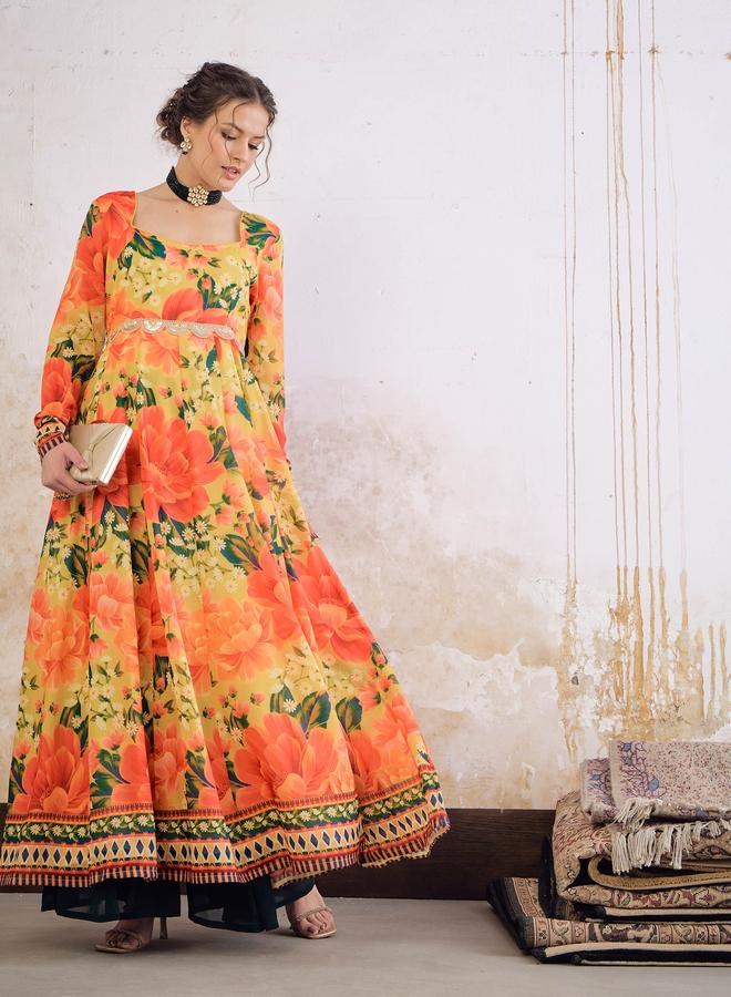 SASSAFRAS Yellow Floral Poly Muslin Anarkali Kurta - Image 2
