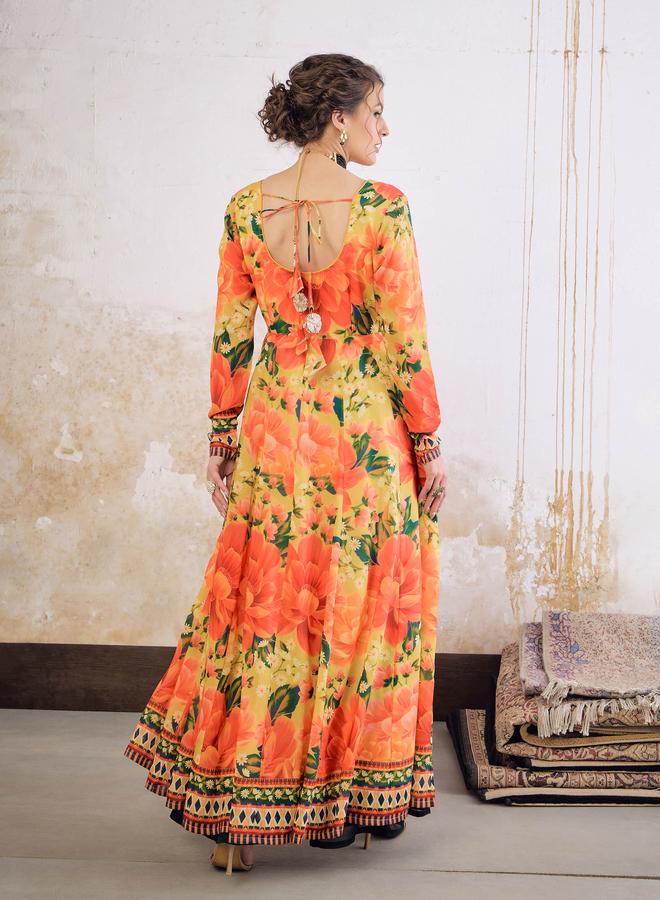 SASSAFRAS Yellow Floral Poly Muslin Anarkali Kurta - Image 5