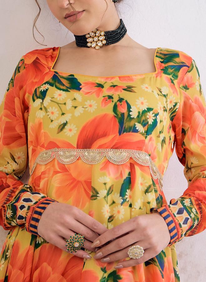 SASSAFRAS Yellow Floral Poly Muslin Anarkali Kurta - Image 4
