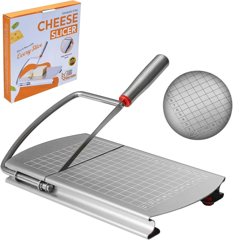 EVER FOUND Stainless Steel Cheese Slicers for Block Cheese Heavy Duty-Multipurpose Cheese Cutter Board with Sharp Knife, Precision Scale and Anti Slip Rubber Pads for cutting Block Cheese & Much More - Image 1