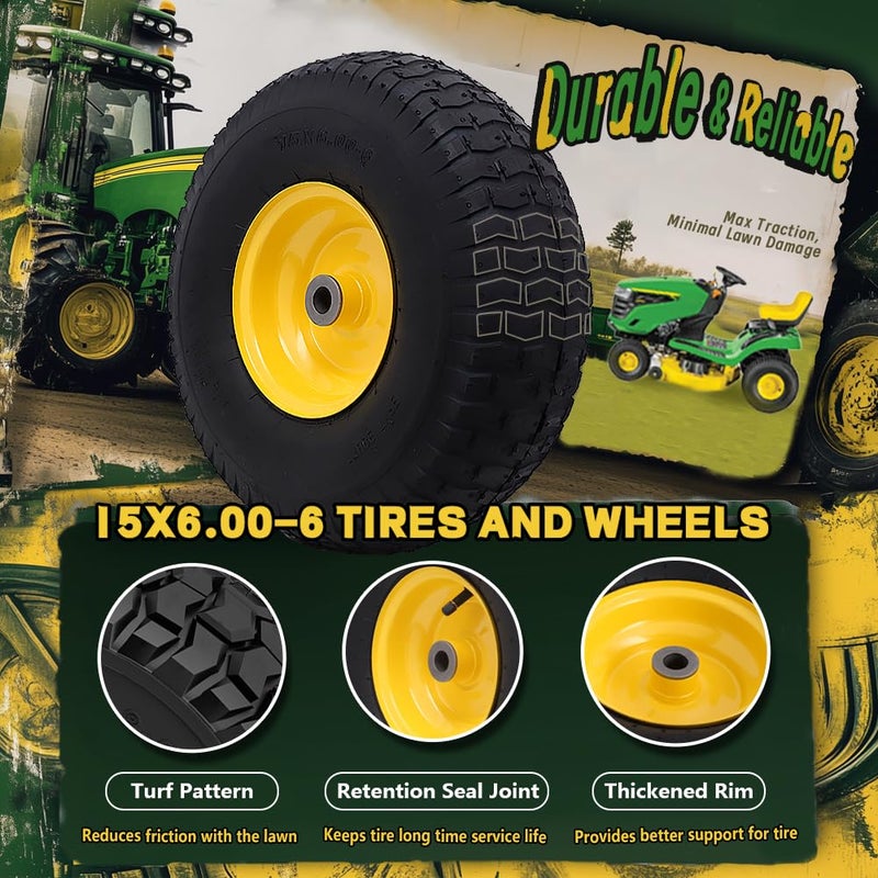 Wiltire 15x6.00-6 Tire and Wheel Assembly (2 Pack),Replacement Riding Lawn Mower Front Tires - With 3" Centered Hub and 3/4" Bushings (Extra 5/8" Bushings) - Image 3
