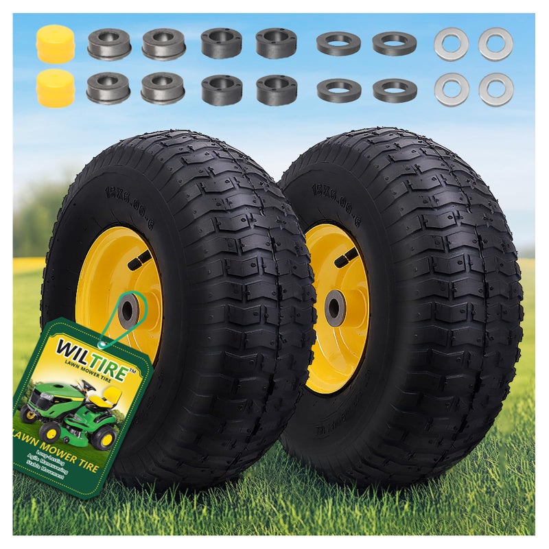 Wiltire 15x6.00-6 Tire and Wheel Assembly (2 Pack),Replacement Riding Lawn Mower Front Tires - With 3" Centered Hub and 3/4" Bushings (Extra 5/8" Bushings) - Image 1