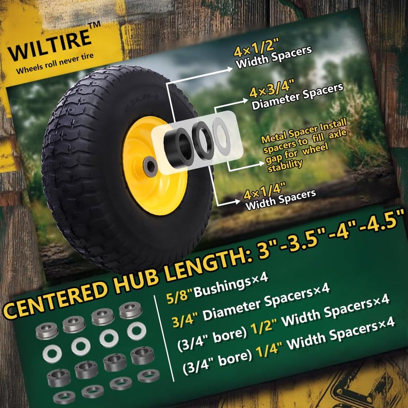 Wiltire 15x6.00-6 Tire and Wheel Assembly (2 Pack),Replacement Riding Lawn Mower Front Tires - With 3" Centered Hub and 3/4" Bushings (Extra 5/8" Bushings) - Image 4