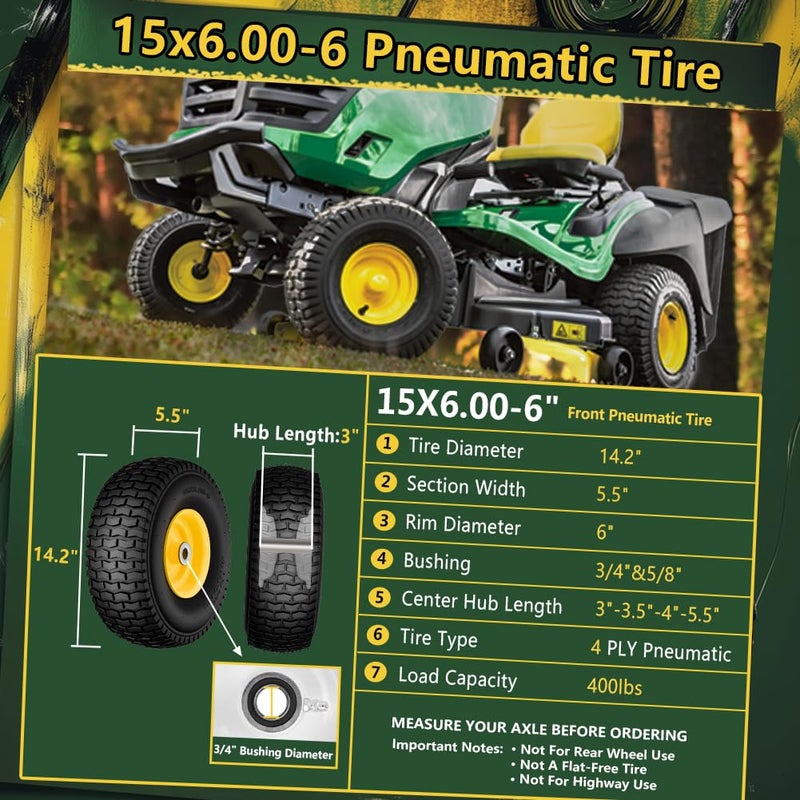 Wiltire 15x6.00-6 Tire and Wheel Assembly (2 Pack),Replacement Riding Lawn Mower Front Tires - With 3" Centered Hub and 3/4" Bushings (Extra 5/8" Bushings) - Image 2