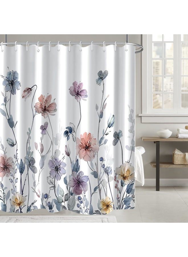 AWERT Watercolor Floral Shower Curtain with Hooks Pastel Wildflower Shower Curtain for Bathroom Waterproof Flower Printing Fabric Bathroom 72x72inch - Image 1