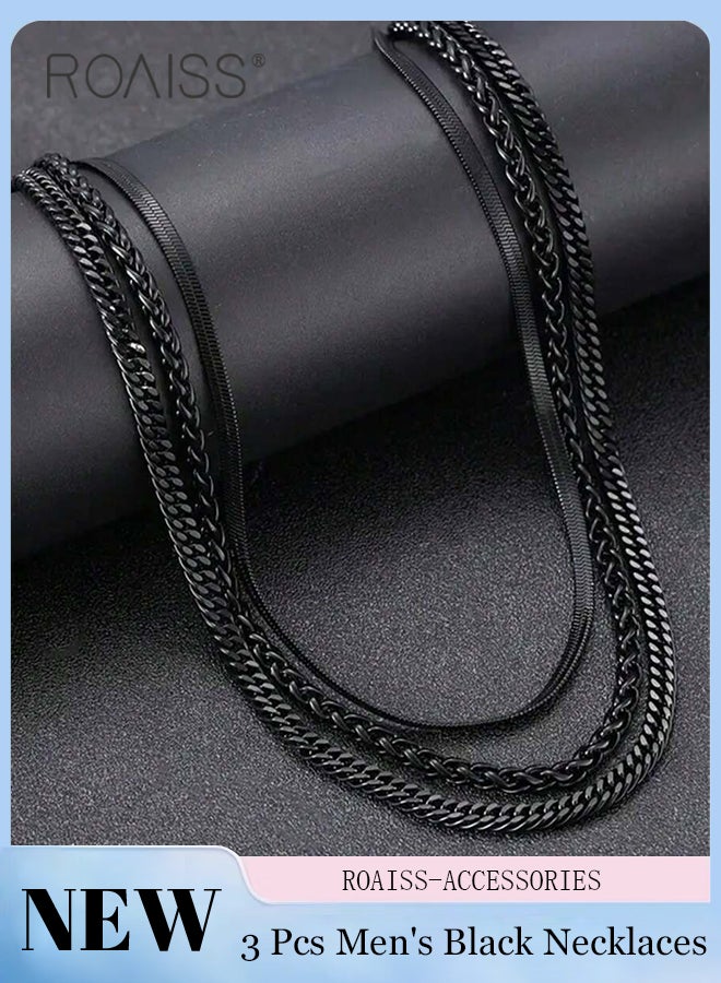roaiss Men's Black Stainless Steel Three Pcs necklace, Stylish and Simple Clavicle Chain, Twist Chain, Multi-layer Stackable Necklace Set, Suitable for Daily wear or As Holiday Gift - Image 1