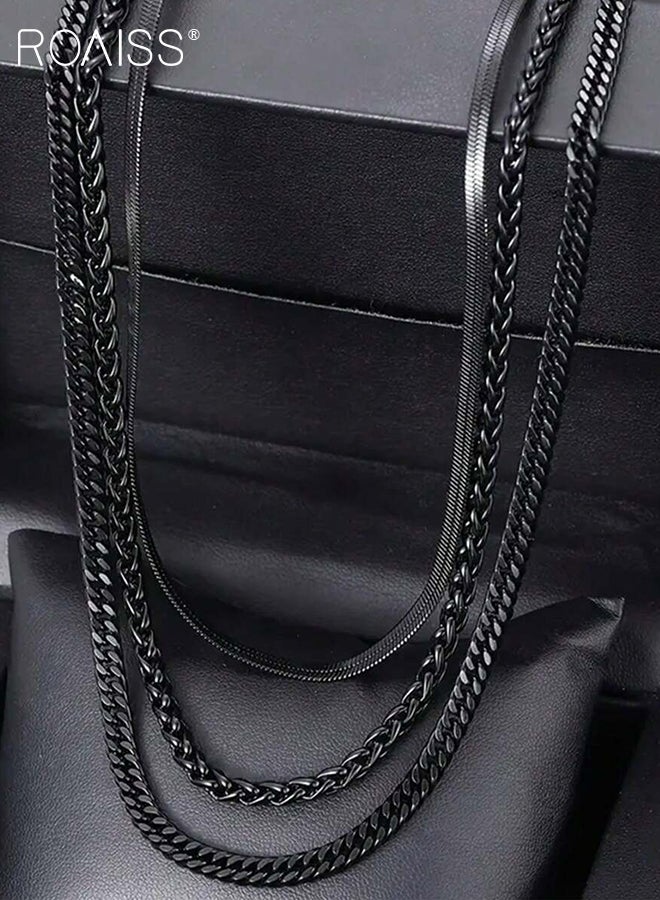 roaiss Men's Black Stainless Steel Three Pcs necklace, Stylish and Simple Clavicle Chain, Twist Chain, Multi-layer Stackable Necklace Set, Suitable for Daily wear or As Holiday Gift - Image 2