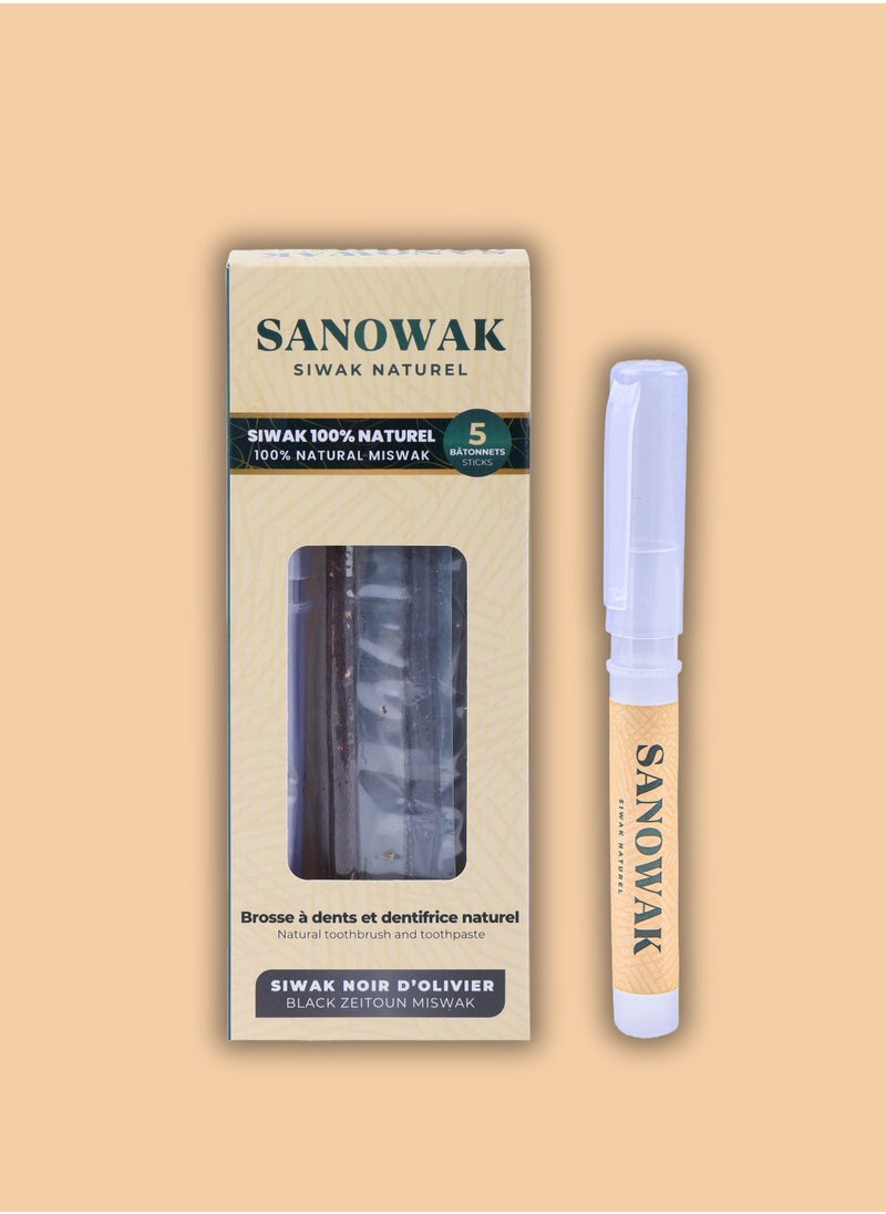 Sanowak Black Zeitoun Miswak / Siwak Sticks – 5 Olive Wood Toothbrushes with FREE Plastic Holder | Teeth Whitening & Oral Care | 100% Chewable & Antibacterial | Eco-Friendly & Vacuum Sealed  - Image 1