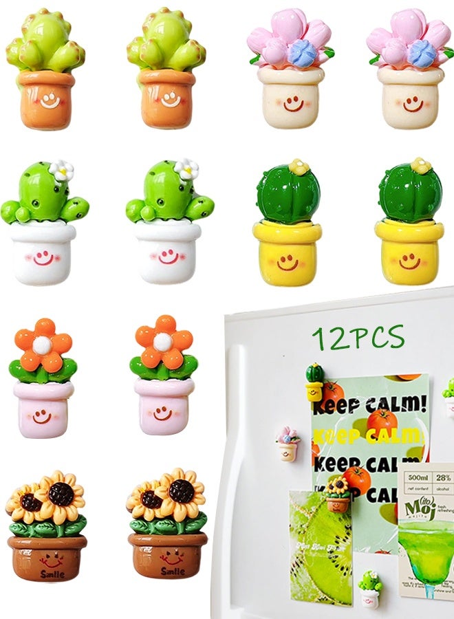 1 Pack 12 Pcs Cute Cartoon Cactus & Sunflower Decorative Fridge Magnets Set, Lovely Small Refrigerator Magnets for Photos, Menus & Home Decor - Image 1