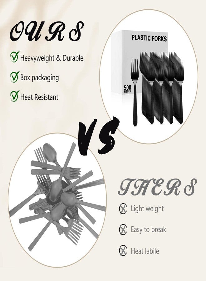Romooa 500 Pcs Heavy Duty Plastic Black Forks 7 Inches Disposable Solid Forks Take Away Heavyweight Sturdy Utensils for Parties, Catering Services, Family Gatherings(Black) - Image 3