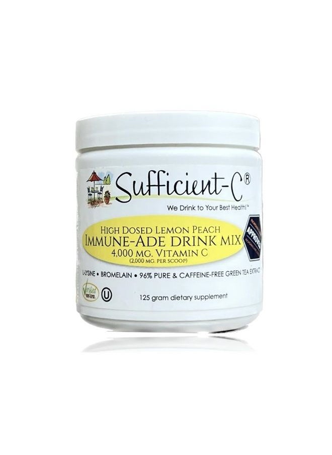 Sufficient-C High Dose Non-GMO Vitamin C Lemon Peach Immune-Ade Drink Mix, Convenient 125 Grams - with L-lysine, Bromelain and a Premium 96% Pure Green Tea Extract - immune, thyroid and collagen suppo 