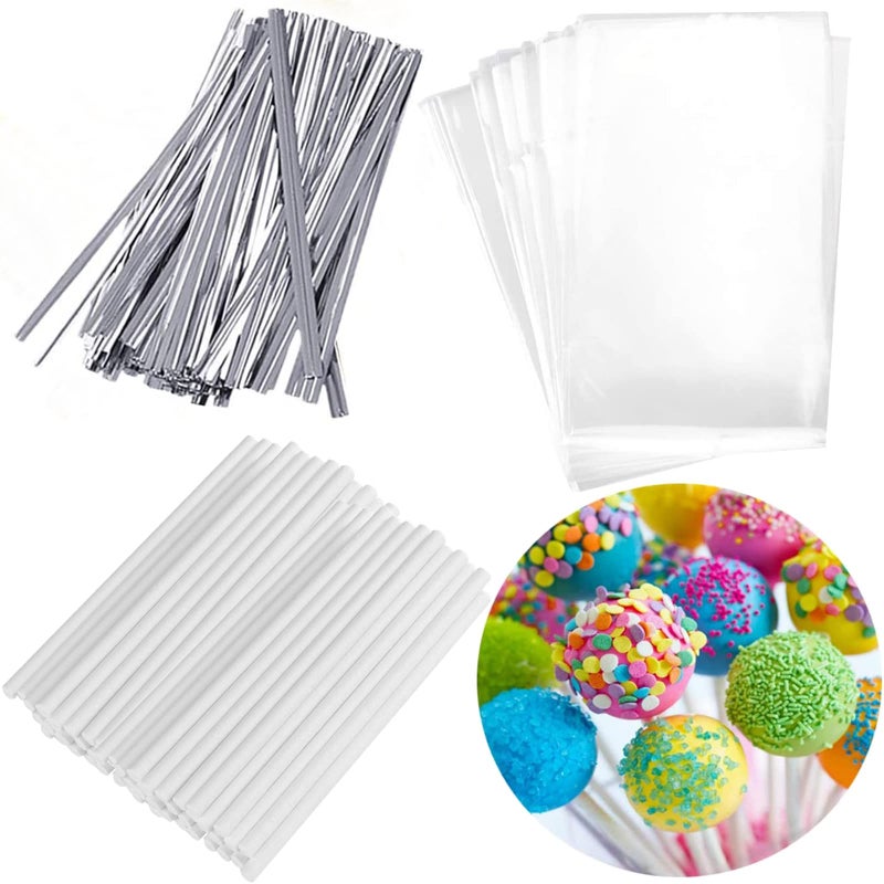 Silver Lollipop Cake Pop Treat Bag Set Including 100pcs Parcel Bags 100pcs Papery Treat Sticks 100pcs Colorful Metallic Twist Ties for Making Lollipops Cake Pops Candies Chocolates and Cookies