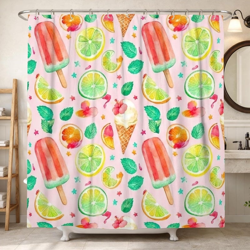 Popsicle Shower Curtain, Summer Playful Lime Ice Cream Cone Summer Peach Washable with Hooks Clawfoot Tub Shower Curtains for Bathroom Toile Guest Room Decor 72x84 Inch - Image 1
